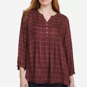NEW Wrangler Womens XS Plaid V-Neck Button-Front Sleeves Burgundy Lightweight
